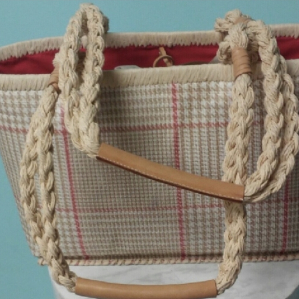 LAUREN Ralph Lauren Straw TWEED Rope/Genuine Leather Handles Should - Picture 3 of 8
